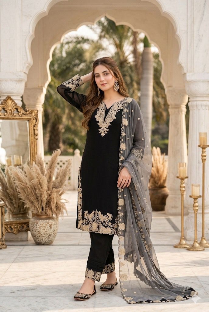 HEAVY FUAX GEORGETTE  EMBROIDERY WORK
